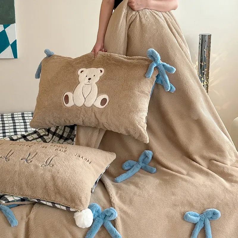 Cute Bow-knot Embroidered Warm Duvet Cover Set with Sheet Imitation Rabbit Velvet Bedding Set Winter Soft Quilt Cover Pillowcase