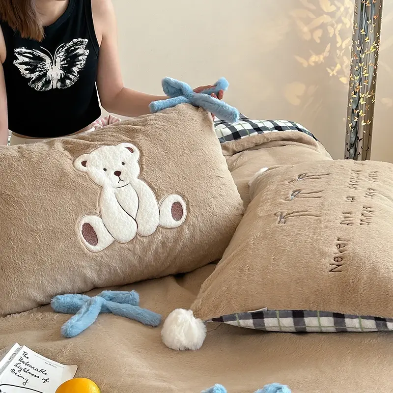 Cute Bow-knot Embroidered Warm Duvet Cover Set with Sheet Imitation Rabbit Velvet Bedding Set Winter Soft Quilt Cover Pillowcase