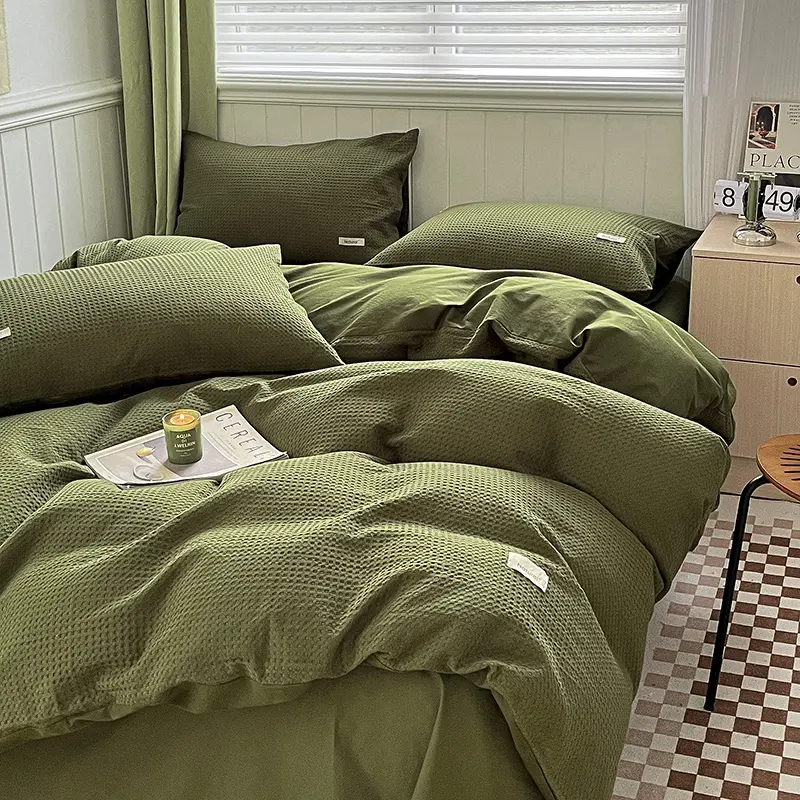 Simple Waffle Jacquard 100% Cotton Bedding Set Soft Comfortable Queen Duvet Cover Set with Sheets Quilt Cover and Pillowcases