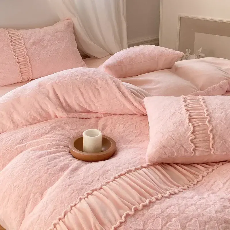 luxury Artificial snow Rabbit fleece Winter Spring Bedding Set queen Warm Duvet Cover Set with Sheets high end king size bed set