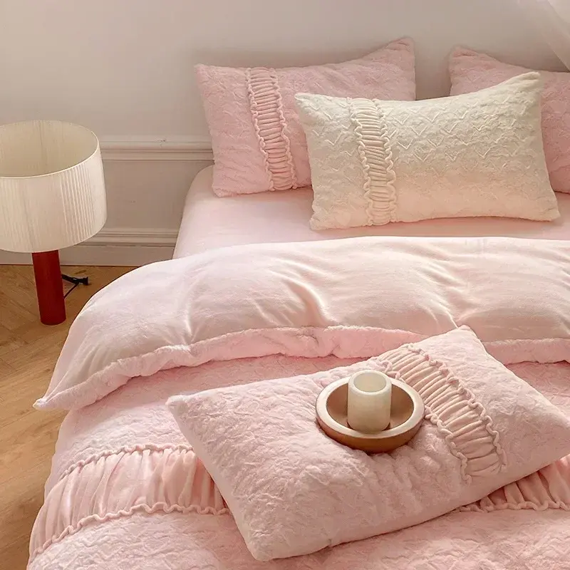 luxury Artificial snow Rabbit fleece Winter Spring Bedding Set queen Warm Duvet Cover Set with Sheets high end king size bed set