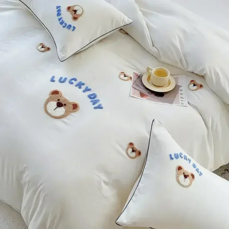 Cute Bear Embroidery Bedding Set Lovely Cartoon Sheep Single Double Duvet Cover Set Soft Skin Friendly Quilt Cover Pillowcase