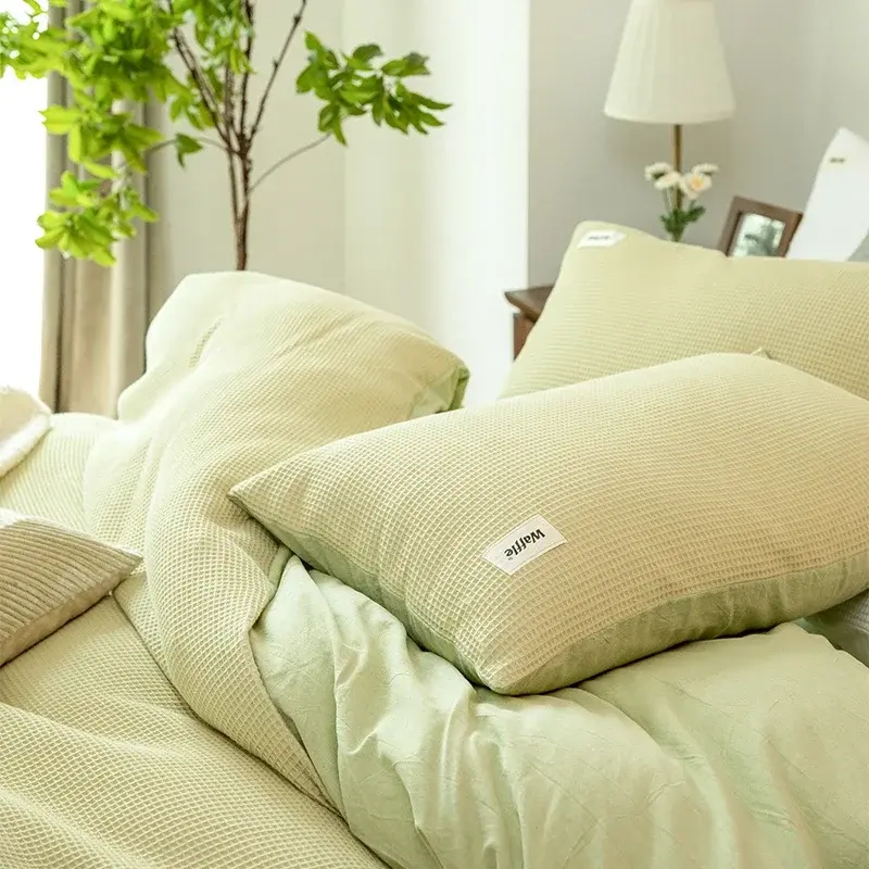 Simple Waffle Lyocell Fiber and Cotton Bedding Set Queen Comfortable Breathable Duvet Cover Set Soft Skin-friendly Bedding Sets
