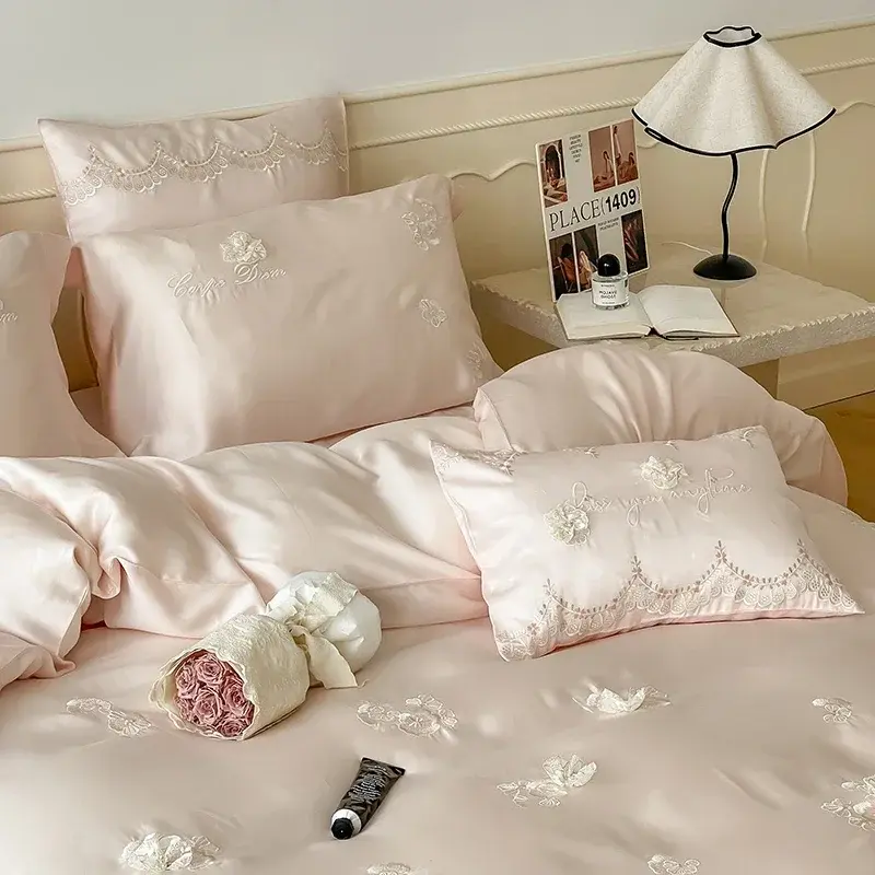 French Style Flower Embroidered 100% Lyocell Bedding Set Pink High-end Natural Plant Fibres Duvet Cover Set Coolness Quilt Cover