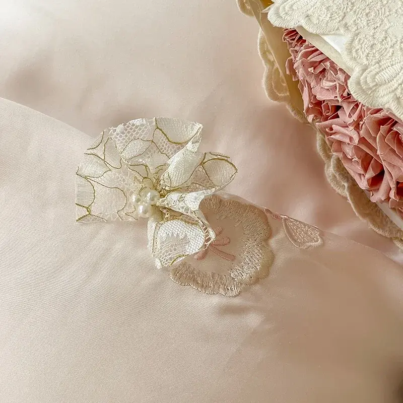 French Style Flower Embroidered 100% Lyocell Bedding Set Pink High-end Natural Plant Fibres Duvet Cover Set Coolness Quilt Cover