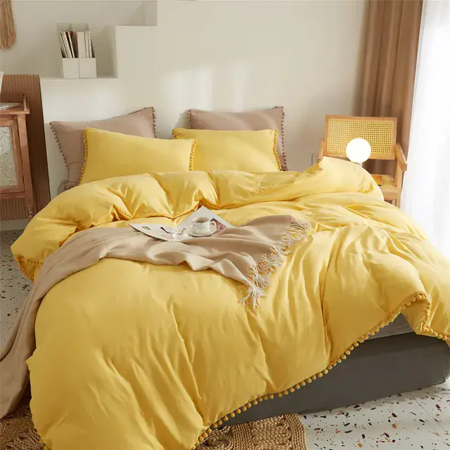 American Style Furball Tasseles King Size Bedding Set Hairball Tassel Duvet Cover Sets Queen Washed Quilt Cover Set No Bed Sheet