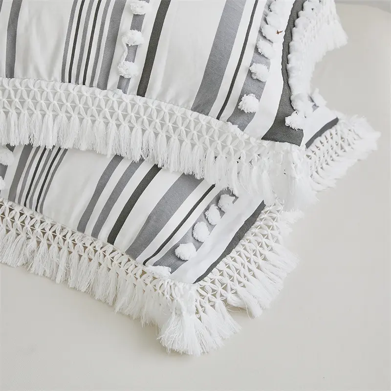 New Striped Furball Double Duvet Cover Set 220x240 High-end with Tassels King Size Bedding Set Queen Quilt Cover and Pillowcases