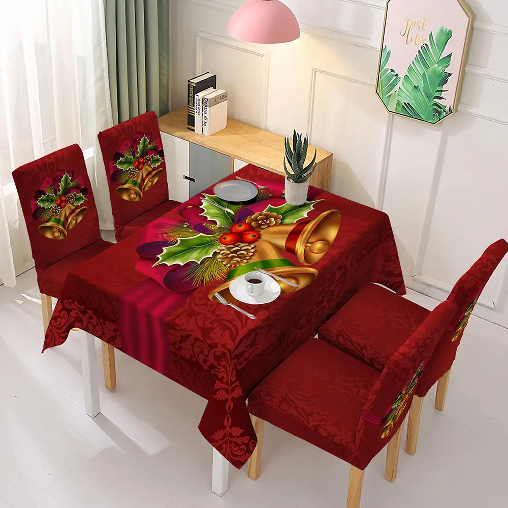Christmas Tablecloth Xmas Dining Elastic Chair Cover Waterproof Christmas Bells Dinning Table Cover Tablecloth for Home Party