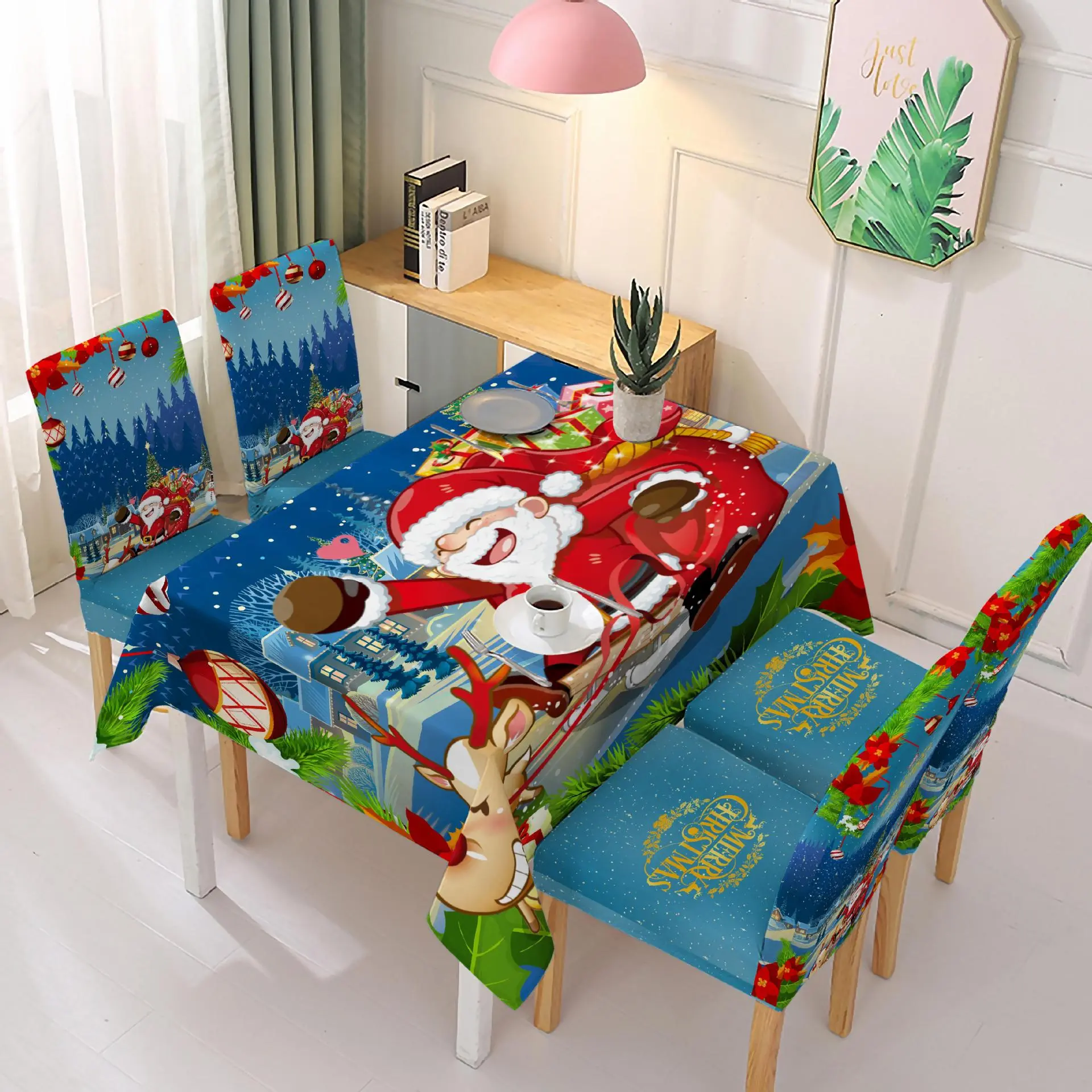 Set of Christmas Tablecloth and Chair Covers Santa Hat Christmas Decoration Table Dinner Decor