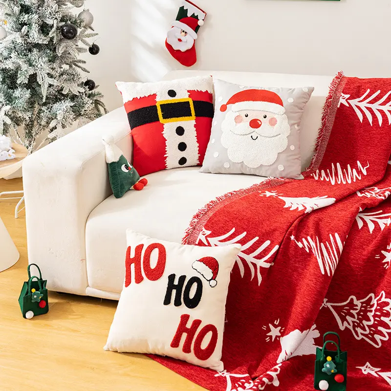 Merry Christmas Decorative Velvet and Cotton Canvas Throw Pillow Covers with Embroidered Letter, Santa, Elk, Latern Cushion Cove