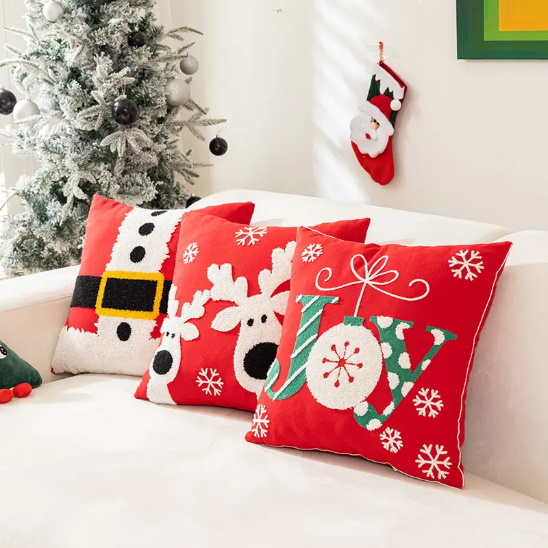 Merry Christmas Decorative Velvet and Cotton Canvas Throw Pillow Covers with Embroidered Letter, Santa, Elk, Latern Cushion Cove