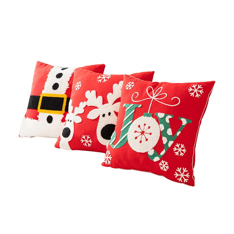 Merry Christmas Decorative Velvet and Cotton Canvas Throw Pillow Covers with Embroidered Letter, Santa, Elk, Latern Cushion Cove