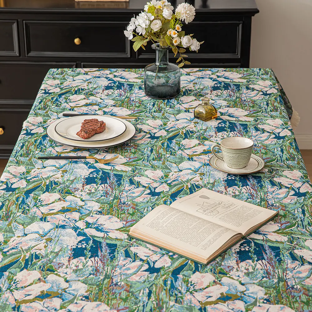 Retro Flower Pattern Farmhouse Tablecloth Textured Washable Fabric Table Cover for Dining Table Dustproof T