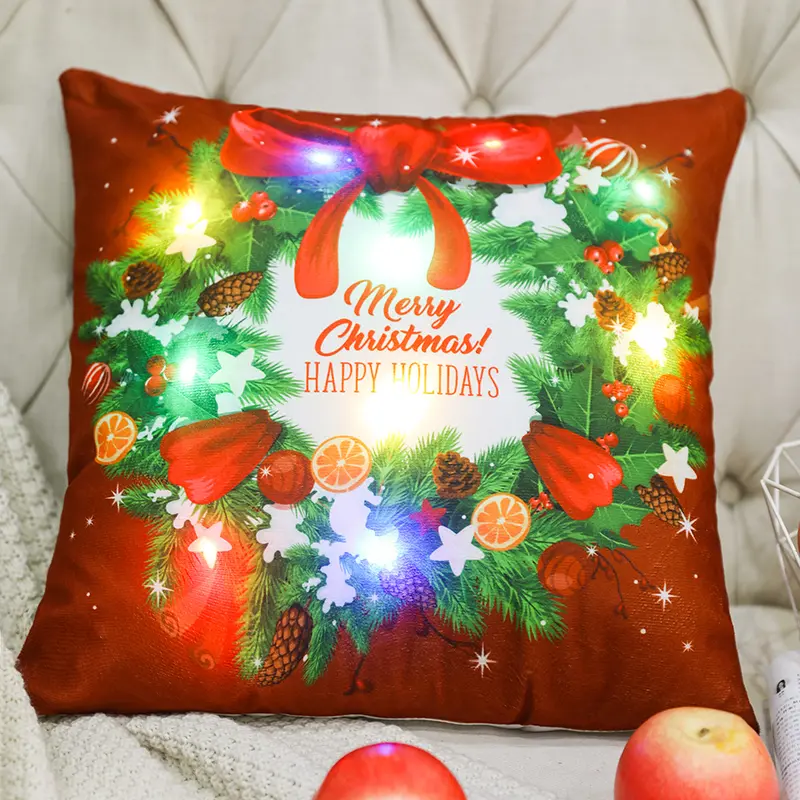 Santa Claus pattern with LED lights country atmosphere short plush pillow 18x18 inch soft and comfortable for children's gifts.