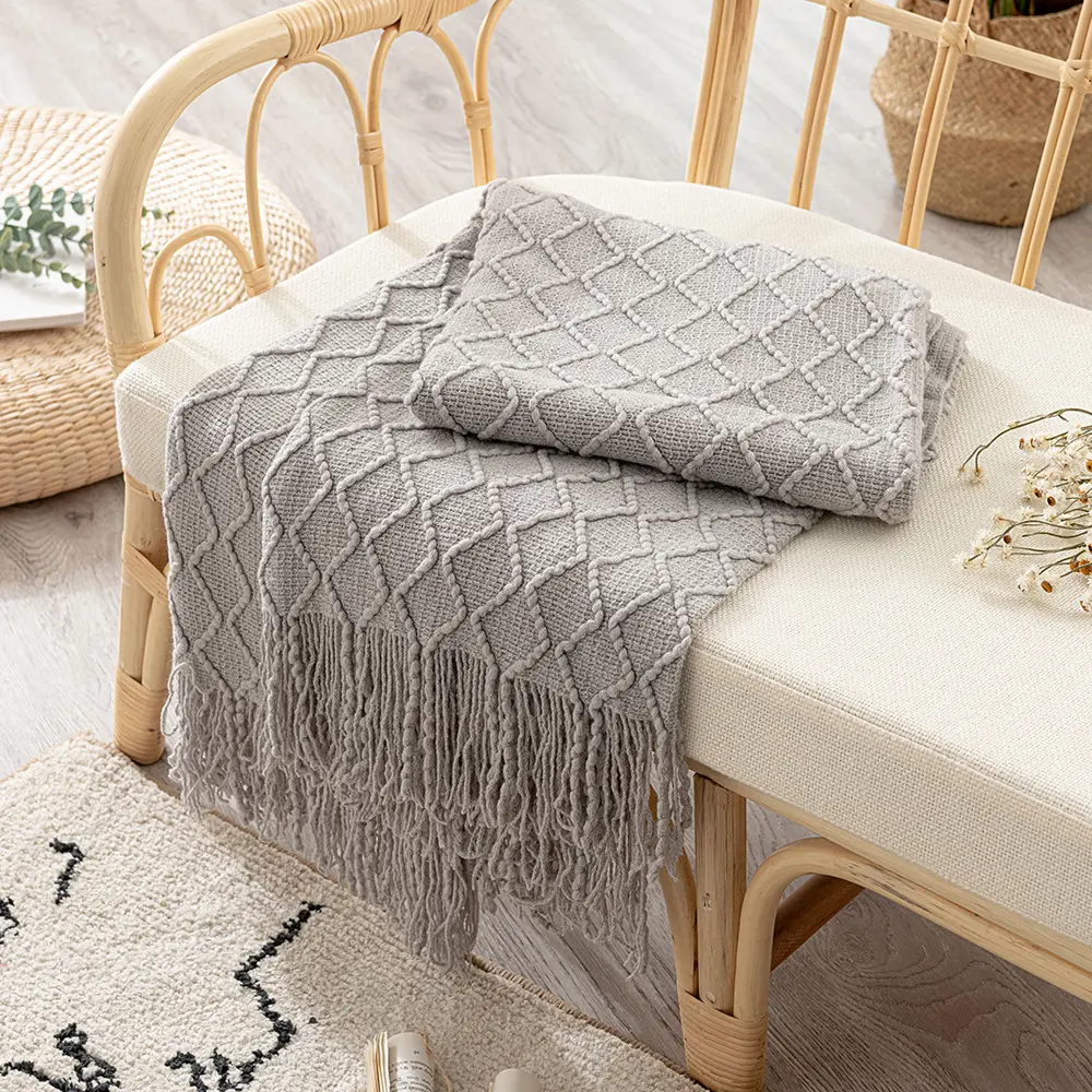 Knitted Throw Blanket with Braided Tassels Stylish Ruffle Warm  Breathable All Season Super Soft Boho Throw for Home Decorative