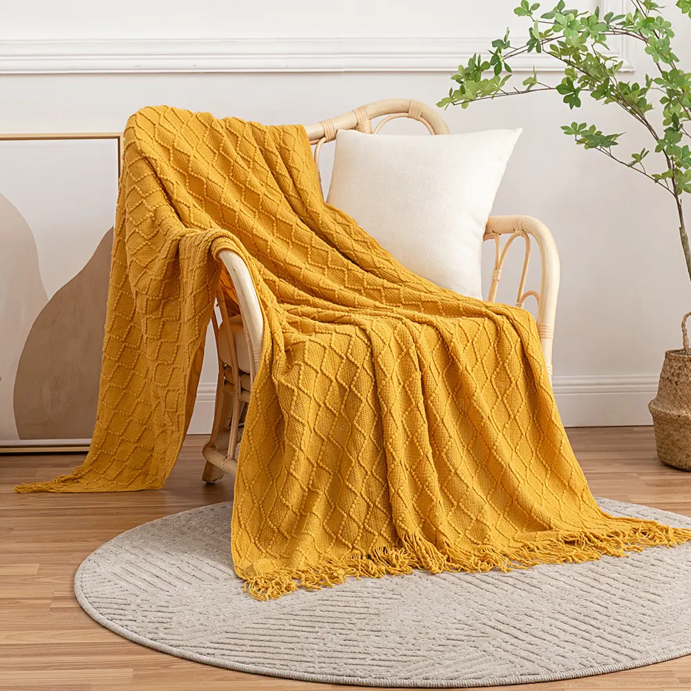 Knitted Throw Blanket with Braided Tassels Stylish Ruffle Warm  Breathable All Season Super Soft Boho Throw for Home Decorative