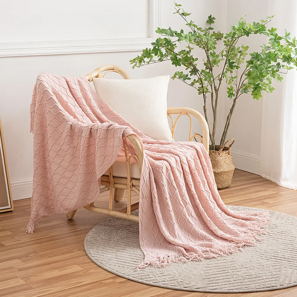 Knitted Throw Blanket with Braided Tassels Stylish Ruffle Warm  Breathable All Season Super Soft Boho Throw for Home Decorative