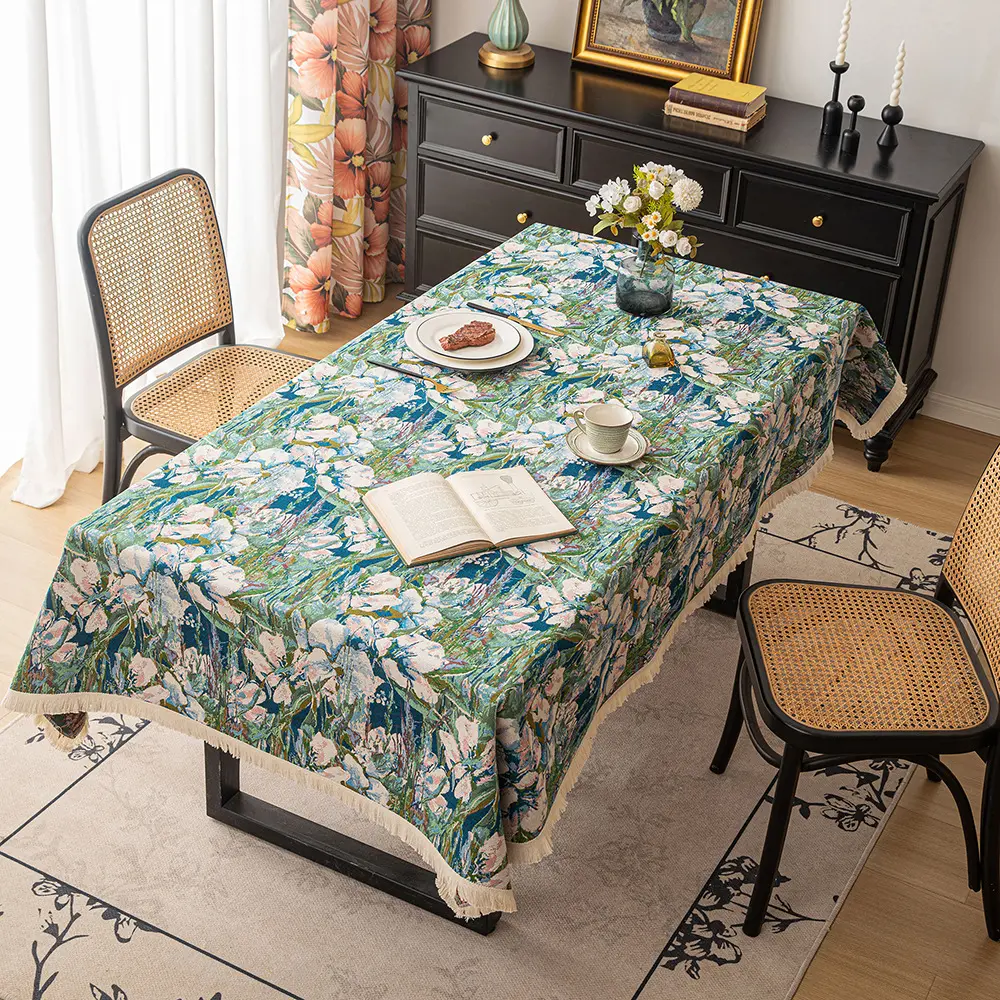 French Floral Tablecloth for Rectangle Tables Soft and Durable Linen TableCloth with Orange Flowers Pattern Decor for Kitchen