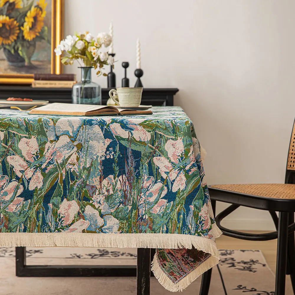 French Floral Tablecloth for Rectangle Tables Soft and Durable Linen TableCloth with Orange Flowers Pattern Decor for Kitchen