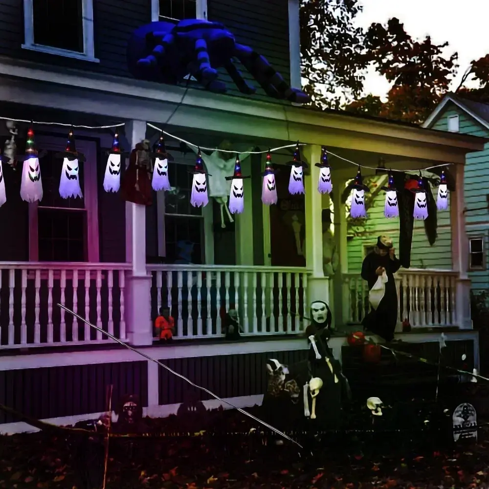 2026 New Halloween Ghost & Witch Hat String Lights - 10 LED Glowing Hanging Decorations for Indoor/Outdoor,  Party, Garden