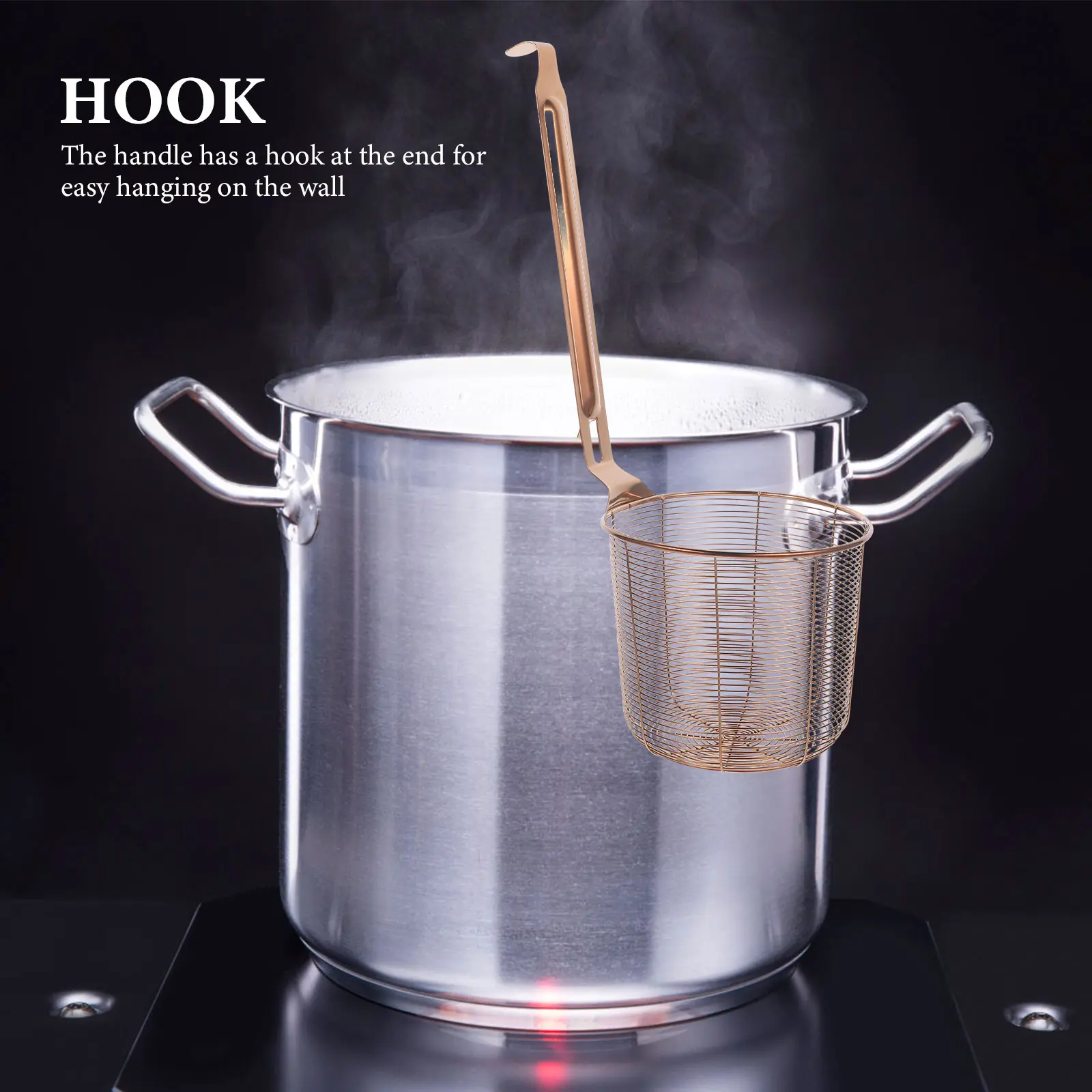 1pc Stainless Steel Colander Kitchen Strainer Mesh Basket Fine Pasta Skimmer Large Capacity Wall Hook Handle For Home