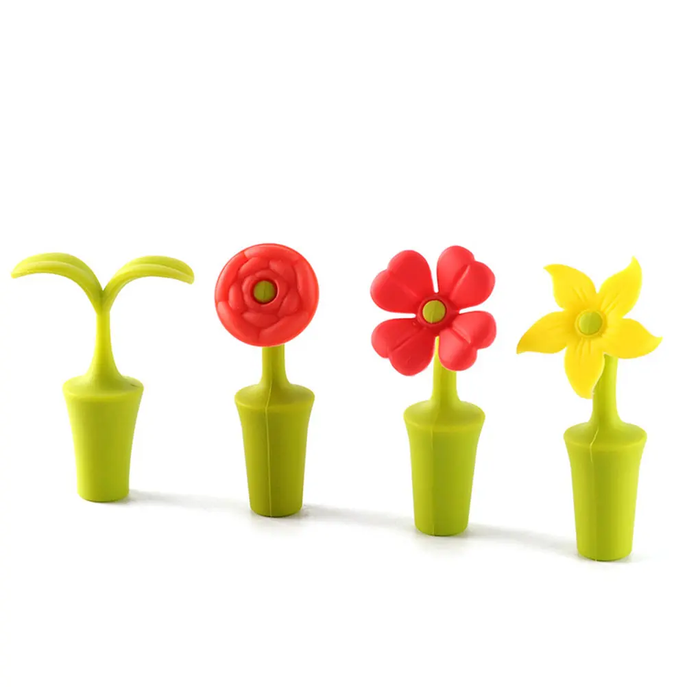 4pcs Silicone Bottle Stoppers Sealed Caps for Party Flower Decorative Sunflower Plugs Resistant Anti Rust