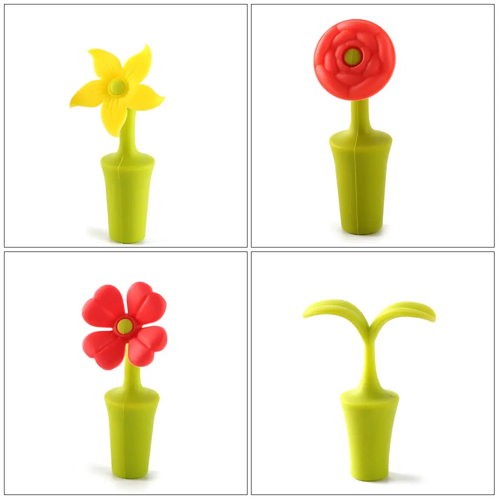 4pcs Silicone Bottle Stoppers Sealed Caps for Party Flower Decorative Sunflower Plugs Resistant Anti Rust