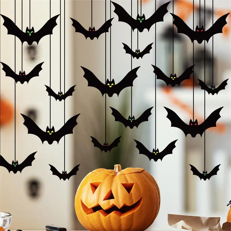 18pcs 3size Halloween Decoration Black Bat String Black Hanging Ornament Scary Horror Halloween Garland Decor