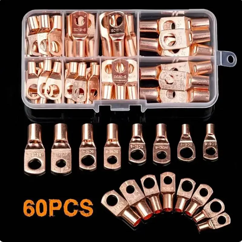 60pcs Wire Lug Connector Ring SC6-25 Copper Connectors Bare Cable Electric Crimp Terminal Connector Kit
