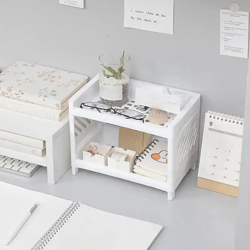 1/2PC PP Desktop Double Layer Storage Rack Rectangular White Organizing Student Desk Office Cosmetics Stationery