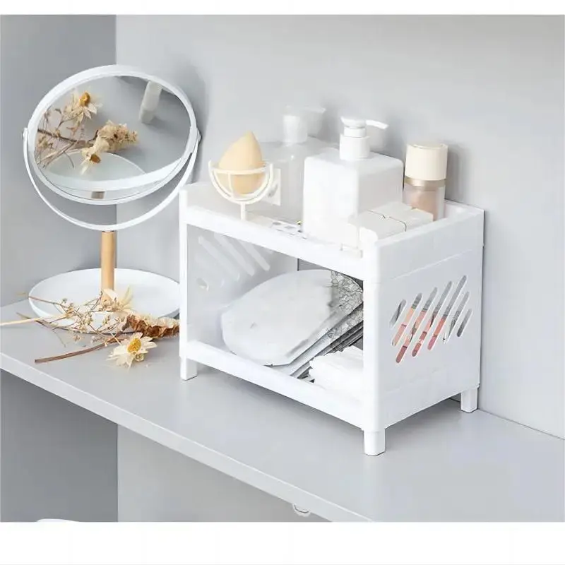 1/2PC PP Desktop Double Layer Storage Rack Rectangular White Organizing Student Desk Office Cosmetics Stationery