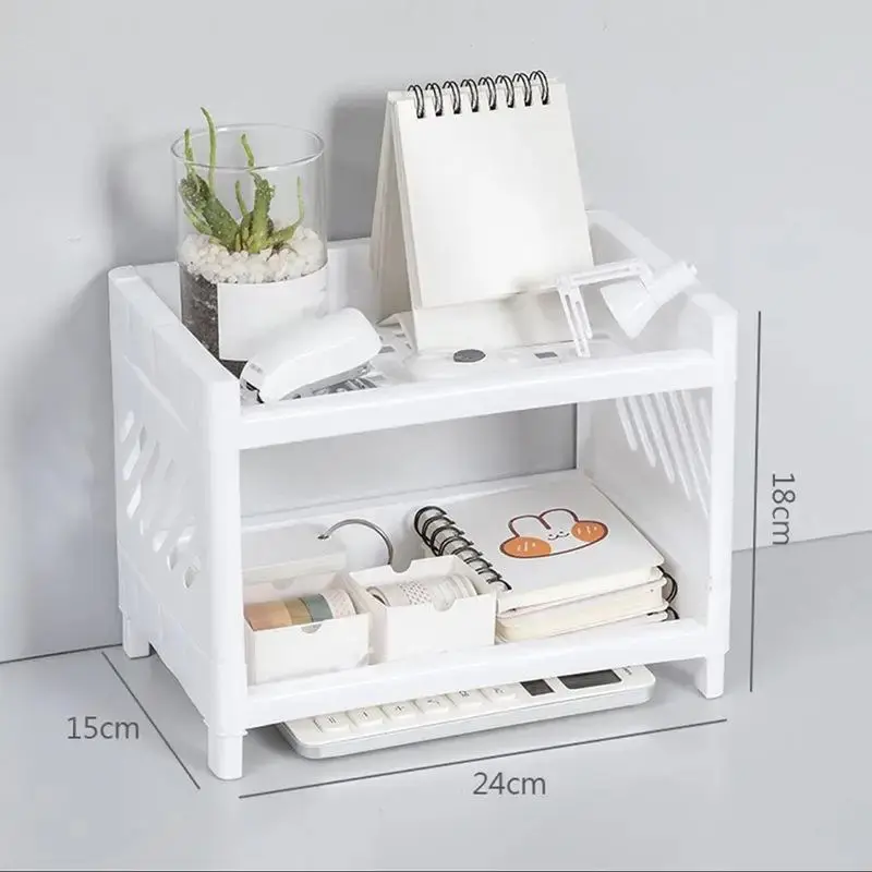 1/2PC PP Desktop Double Layer Storage Rack Rectangular White Organizing Student Desk Office Cosmetics Stationery