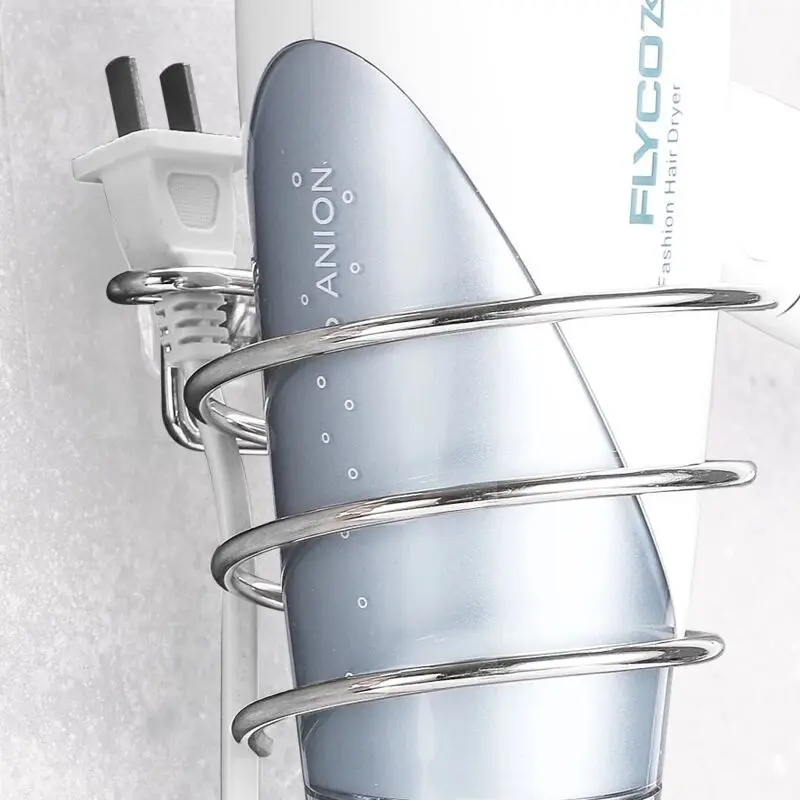 1pc Hair Dryer Holder Free Punching Stainless Steel Hair Dryer Rack Wall Hanging Bathroom Bathroom Hair Dryer Rack Storage Rack