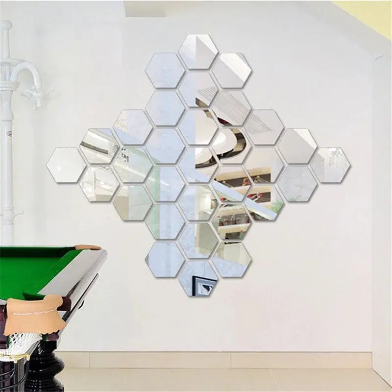 12PCS/Lot Geometric Solid Hexagonal Mirror Wall Stickers DIY With Built-in Adhesive and Removable Home Decoration