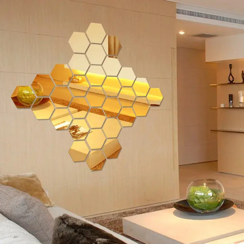 12PCS/Lot Geometric Solid Hexagonal Mirror Wall Stickers DIY With Built-in Adhesive and Removable Home Decoration