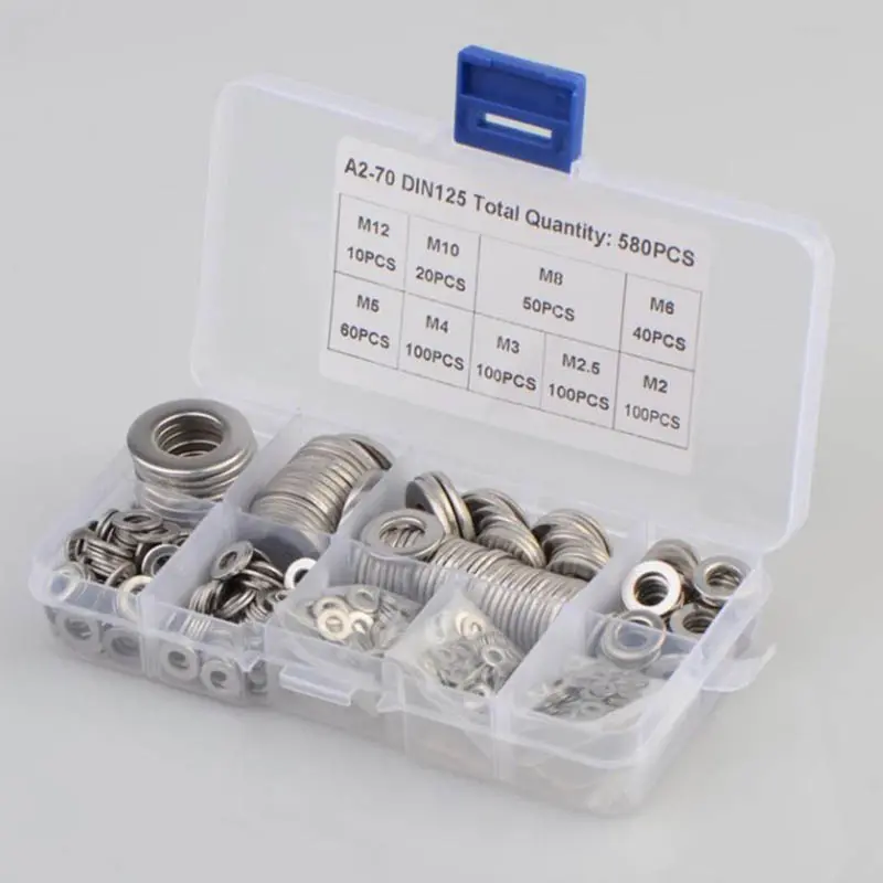 580pcs 9 Sizes 304 Stainless Steel Flat Washers Assortment Kit (M2 M2.5 M3 M4 M5 M6 M8 M10 M12) Suitable for Home Decoration