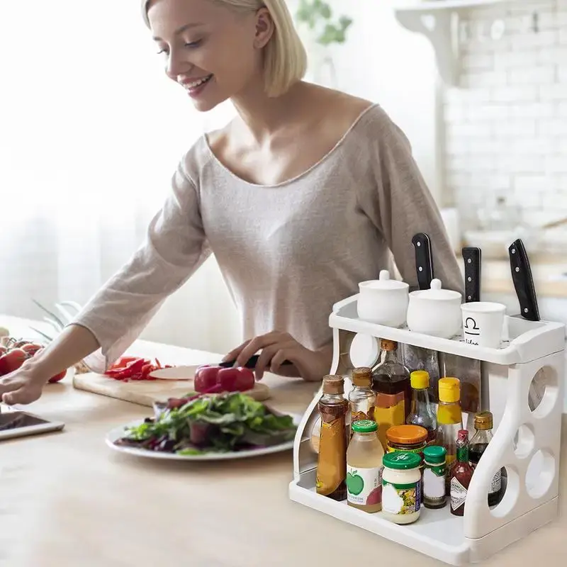 2Layers Kitchen Storage Shelf Plastic Countertop Seasoning Jar Spice Storage Rack Microwave Oven Shelves Home Accessories