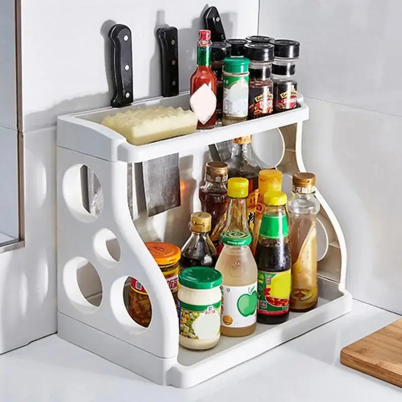 2Layers Kitchen Storage Shelf Plastic Countertop Seasoning Jar Spice Storage Rack Microwave Oven Shelves Home Accessories
