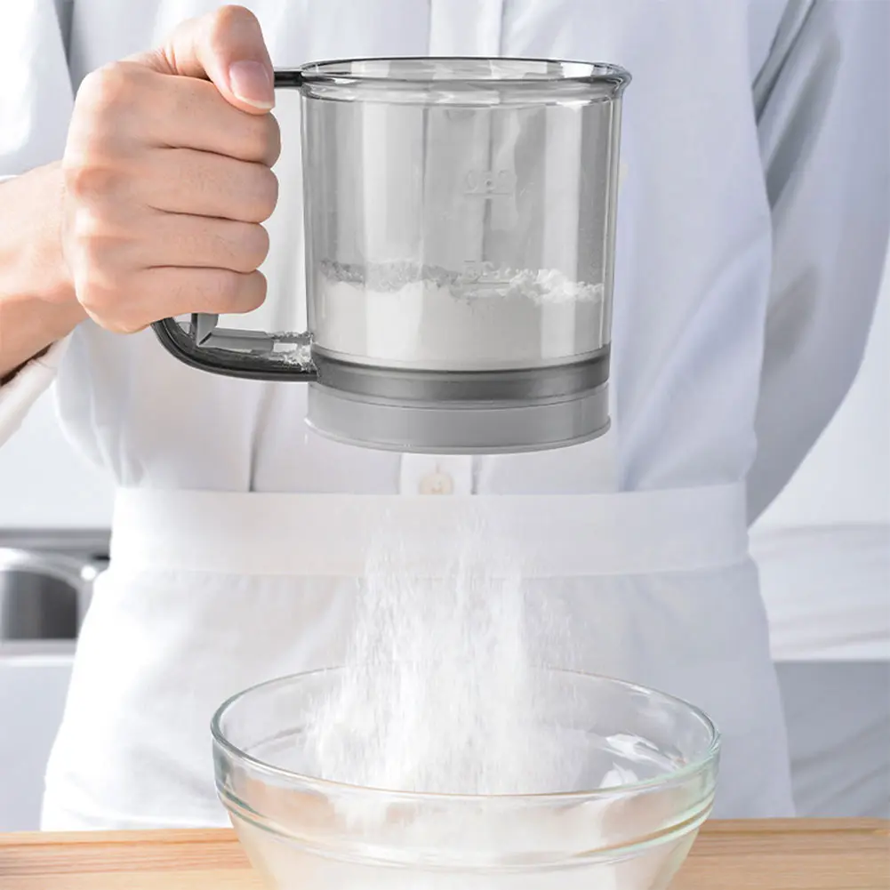 Hand Crank Flour Sieve Semi-Automatic One Hand Press Crank Sifter Plastic Sugar Powder Sieve Cup Practical Baking Tool for Home