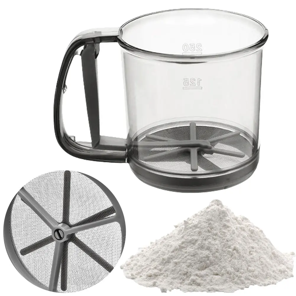 Hand Crank Flour Sieve Semi-Automatic One Hand Press Crank Sifter Plastic Sugar Powder Sieve Cup Practical Baking Tool for Home