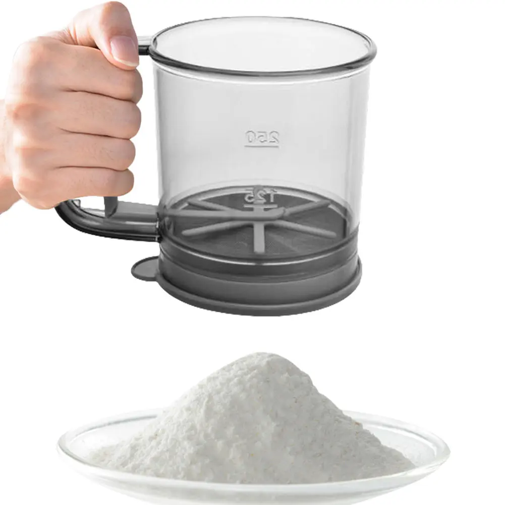 Hand Crank Flour Sieve Semi-Automatic One Hand Press Crank Sifter Plastic Sugar Powder Sieve Cup Practical Baking Tool for Home