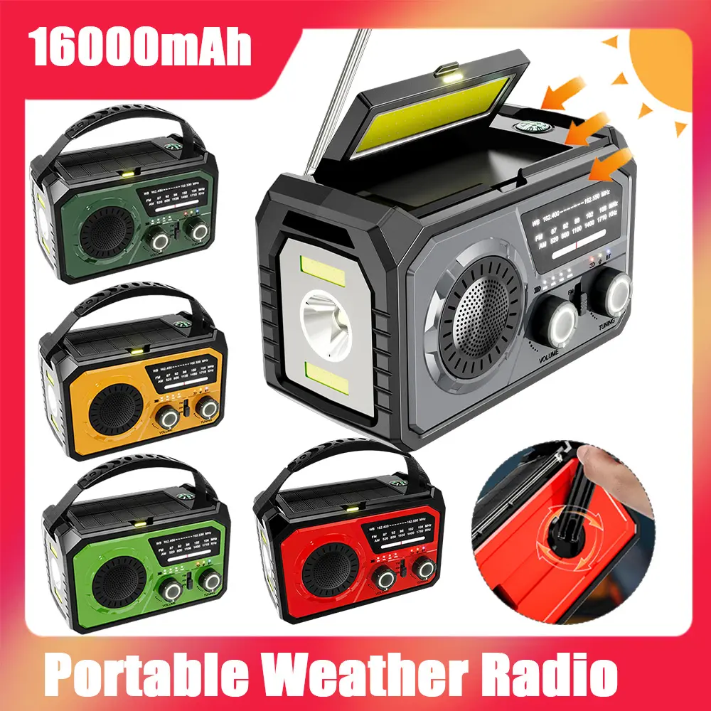 16000mAh AM/FM/WB NOAA Portable Weather Radio Hand Crank/Solar/Type-C Charging Weather Alert Radio SOS Alarm for Outdoor Camping