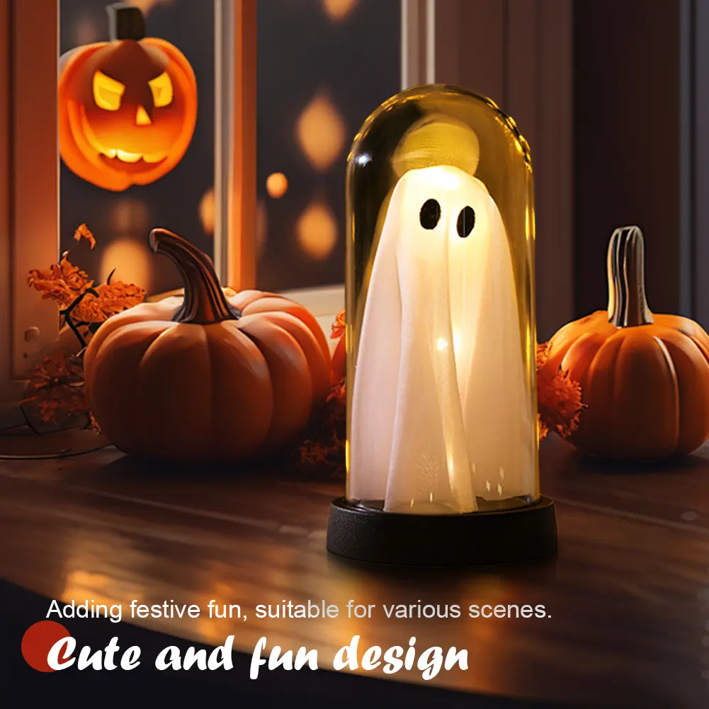 Halloween Ghost Decor Light Cordless Novelty Ghost Tabletop Lamp Warm Light Under Glass Lighted Ghost Festive Atmosphere Light