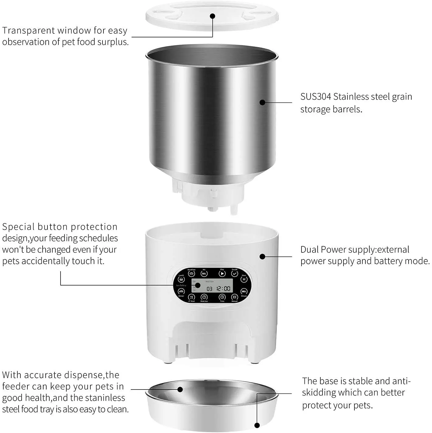Smart Automatic Pet Feeder 4.5L Timed Cat Dry Food Dispenser Voice Recorder IR Sensor Stainless Steel Automatic Dog Food Feeder
