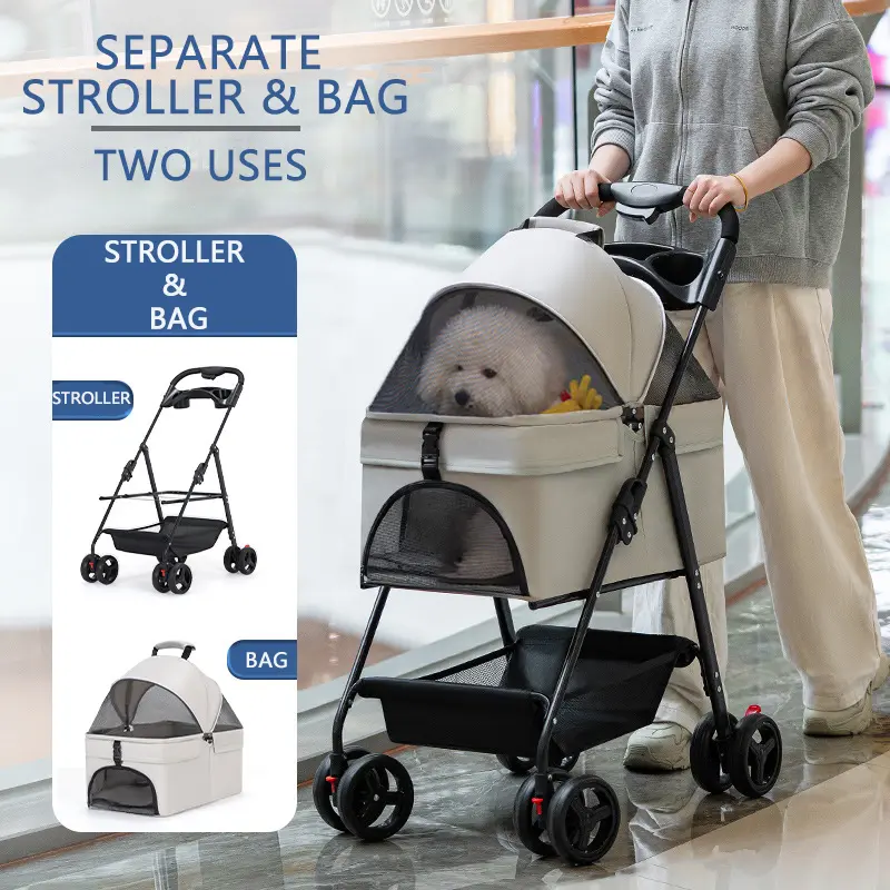 Pet Stroller for Cats and Dogs Traveling Lightweight Foldable Easy to Install Four Wheels Pet Carrier Handcart With Food Plate