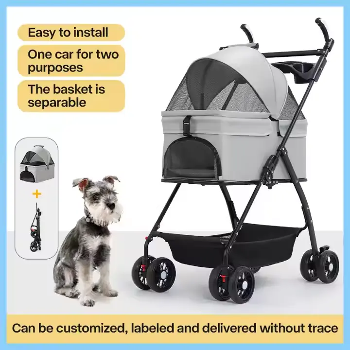 Pet Stroller for Cats and Dogs Traveling Lightweight Foldable Easy to Install Four Wheels Pet Carrier Handcart With Food Plate