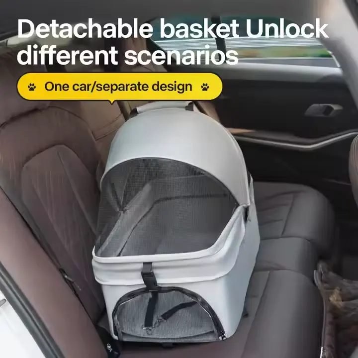 Pet Stroller for Cats and Dogs Traveling Lightweight Foldable Easy to Install Four Wheels Pet Carrier Handcart With Food Plate