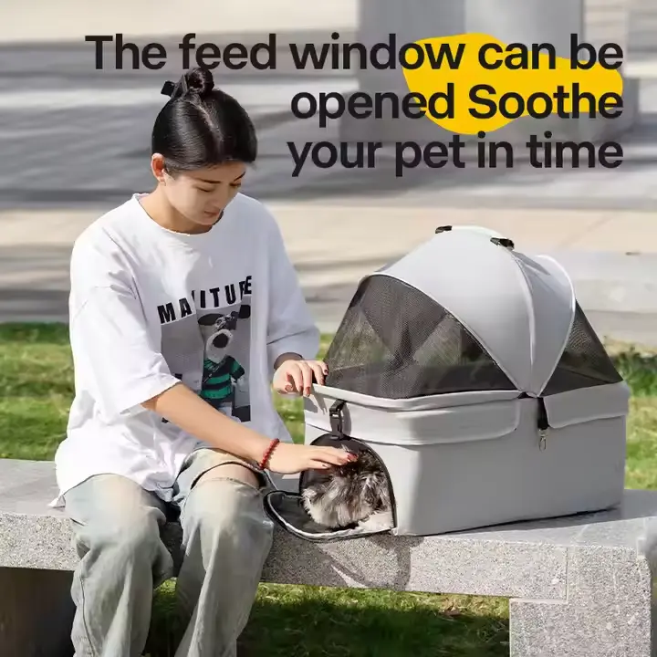 Pet Stroller for Cats and Dogs Traveling Lightweight Foldable Easy to Install Four Wheels Pet Carrier Handcart With Food Plate