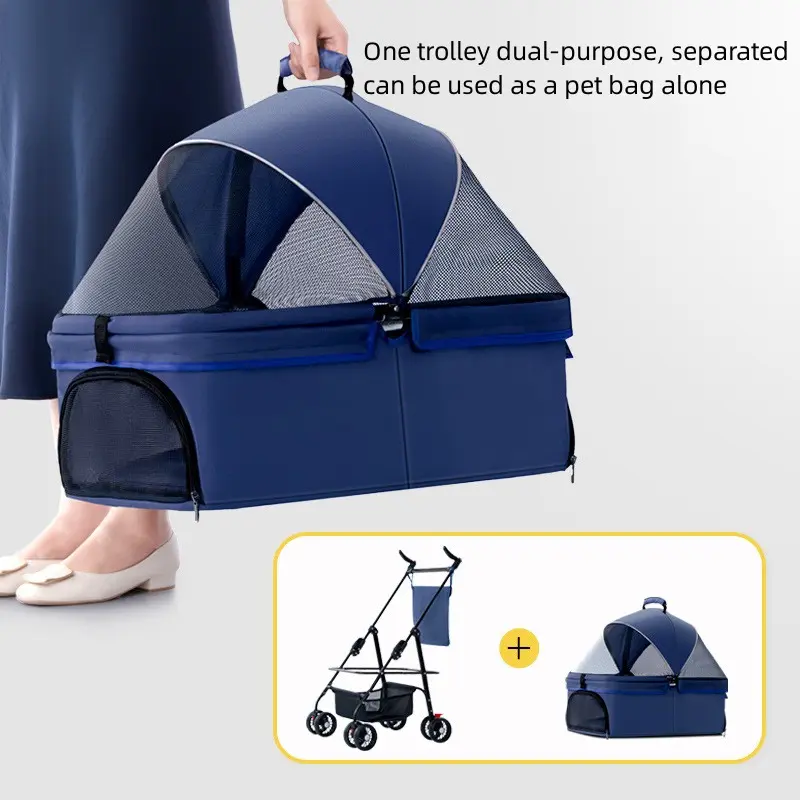 4 Wheel Pet Travel Stroller Detachable Factory Wholesale Dog Cat Cart Pet Carrier Easy Folding Portable Dog Trolley Cat Stroller