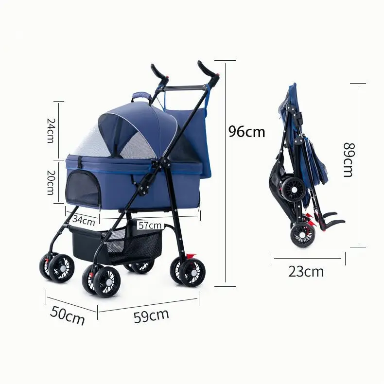4 Wheel Pet Travel Stroller Detachable Factory Wholesale Dog Cat Cart Pet Carrier Easy Folding Portable Dog Trolley Cat Stroller